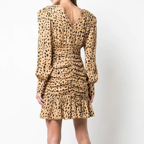 Puff sleeve leopard printed silk ruffle mini dress - size 0 - Modern 80s style - Picture 14 of 16
